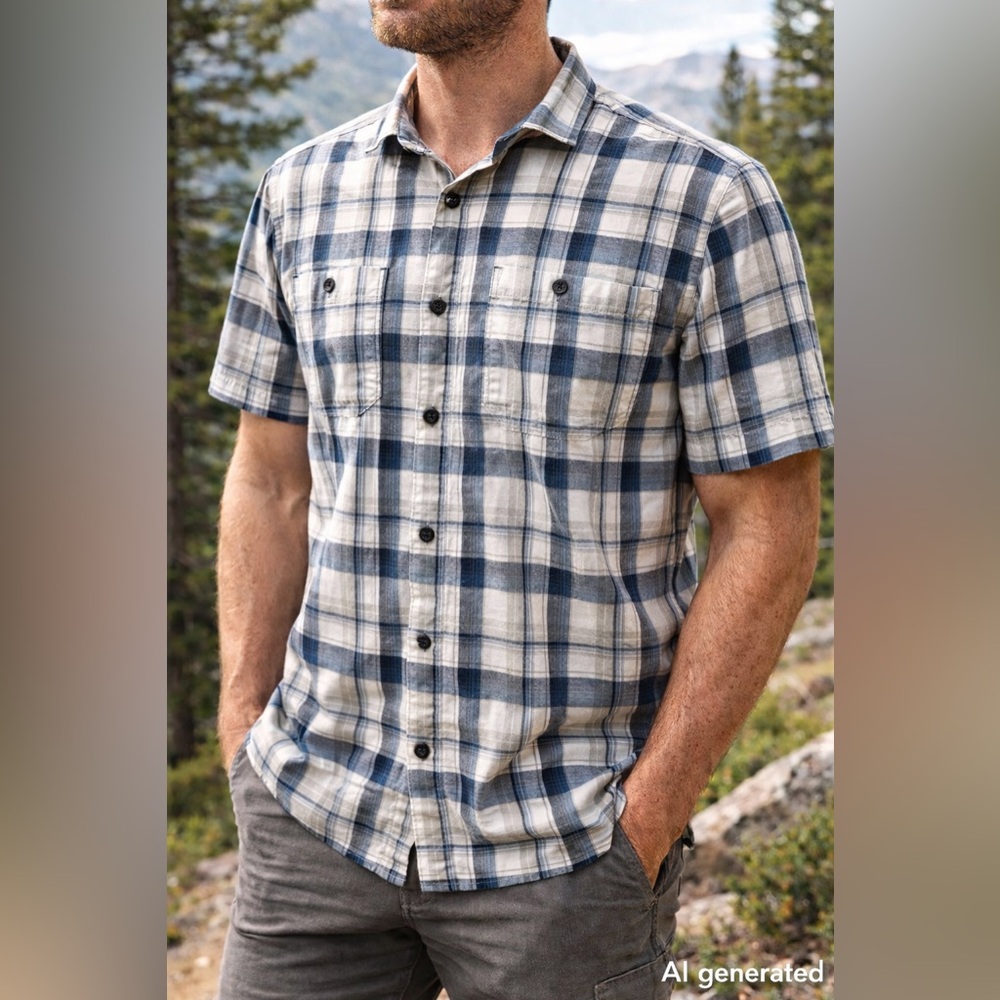 Kuhl Men's Navy and Cream Plaid Button Down Shirt (size medium)